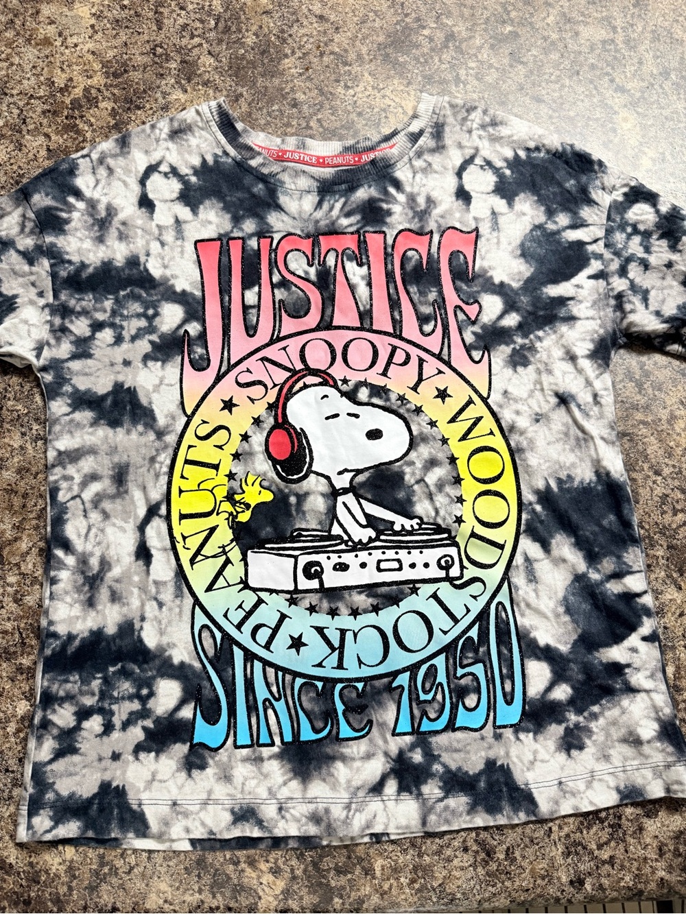 Justice Black & Pink Tie-Dye Snoopy DJ Graphic Tee with Rainbow Accents